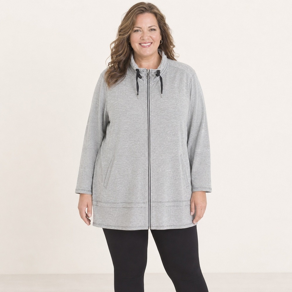 Weekends by Chico's Women's Size 3 Gray Micro Stripe Longline Zip Jacket Travel
